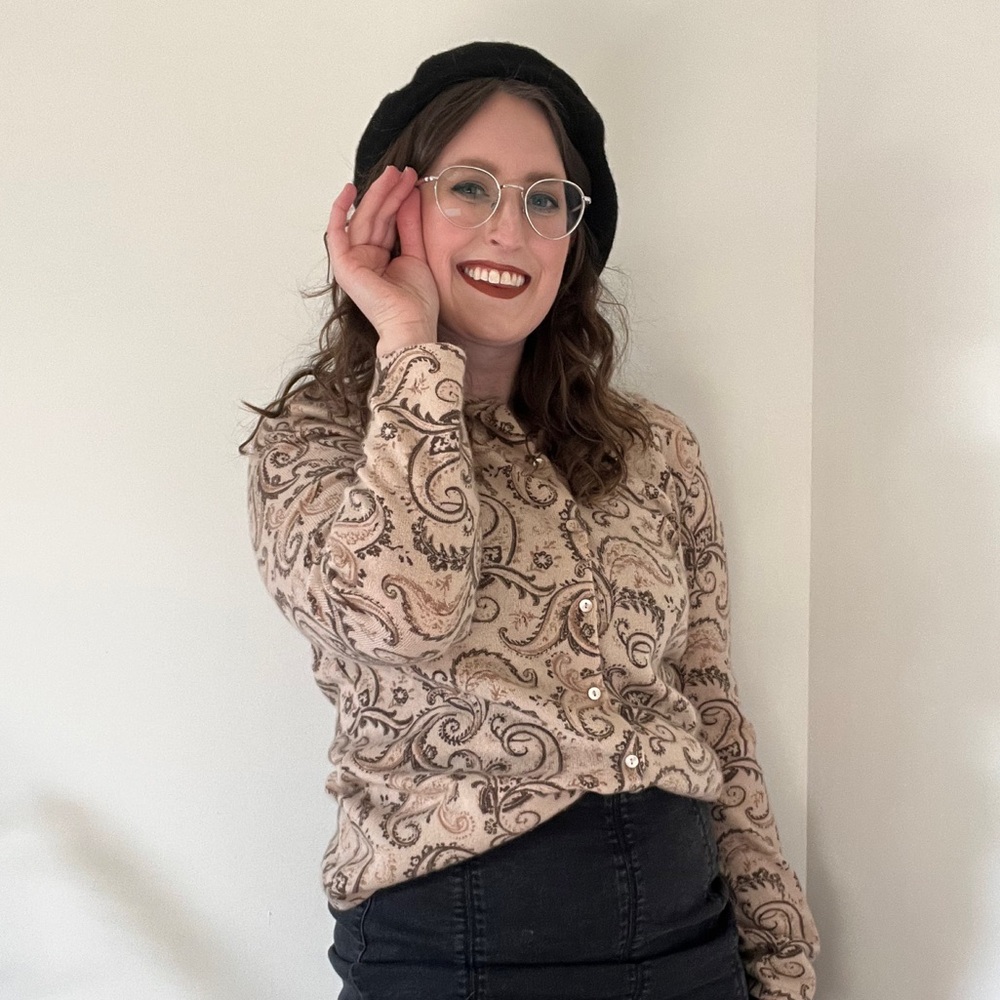 Charter Club Vintage 100% Cashmere Button-Up Cardi Sweater in Paisley Tan